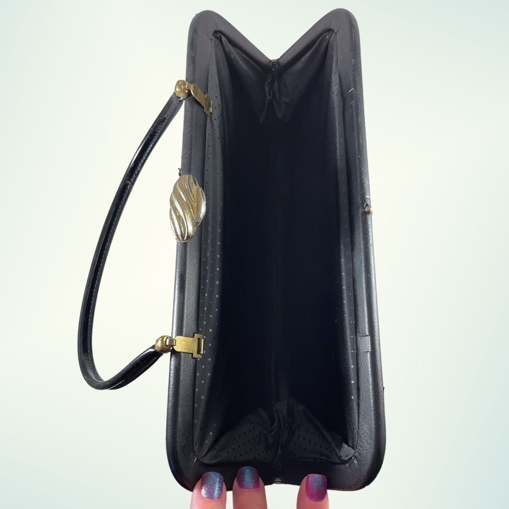 VINTAGE! Small Black Patent Clutch with Gold Clasp - Picture 3 of 3